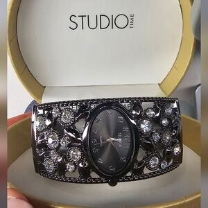 Brand New! Studio Time black w/Rhinestones Bangle Bracelet Watch